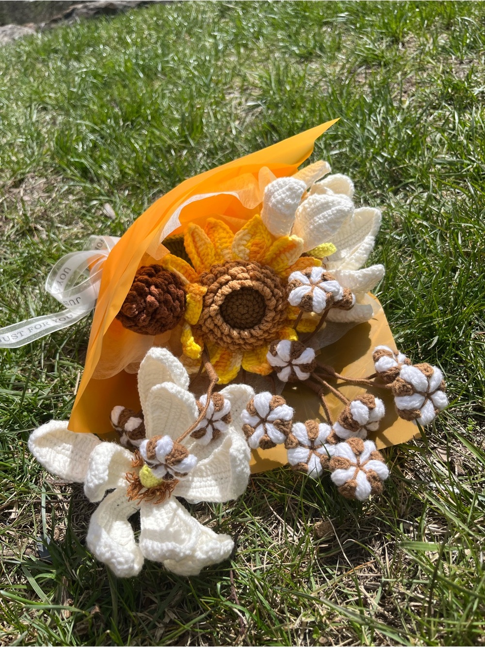 Handmade Crochet Sunflower & Cotton Bouquet - Yellow & Cream